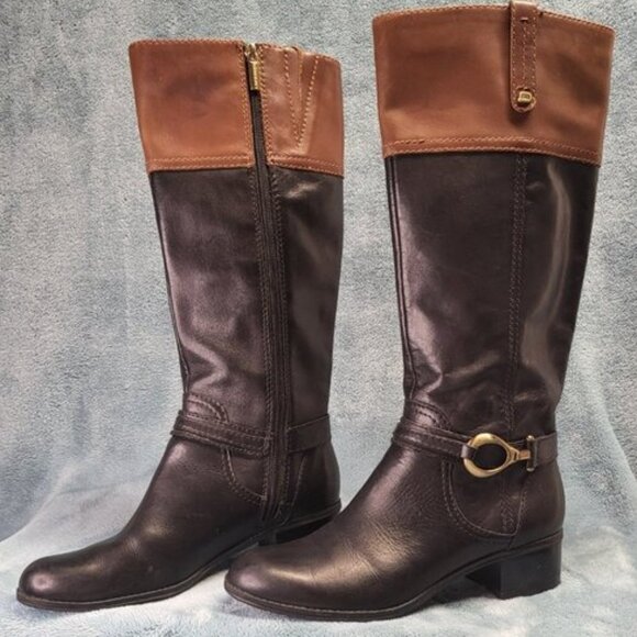 Bandalino Shoes - BANDOLINO Like New! Black Leather/Brown Trim Equestrian Tall Riding Boots Sz 7.5